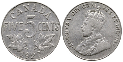 КАНАДА 5 ЦЕНТОВ 1927 ГЕОРГ V KM 29 никель 4364-2224