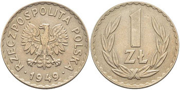 ПОЛЬША 1 ЗЛОТЫЙ 1949 KM 45 медно-никель 5010-1215