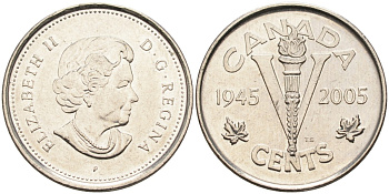 Канада 5 центов 2005 60 лет победы во Второй мировой войне KM 627 никель UNC 4585-1029
