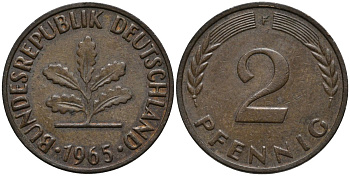 ФРГ 2 пфеннига 1965 F KM 106 бронза 4171-413