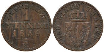 Пруссия 1 пфенниг 1859 A, Фридрих Вильгельм IV (1840-1861) KM 451 медь 4532-344
