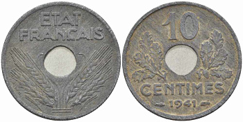 ФРАНЦИЯ 10 САНТИМОВ 1941 ДИАМЕТР 21,3 ММ., ПРАВИТЕЛЬСТВО ВИШИ KM 898.2, LE FRANC 141.2 цинк 4401-446
