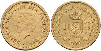 Нидерландские Антилы 1 гульден 1990 Беатрикс (1980-2013) KM 37 позолоченная сталь 4142-117