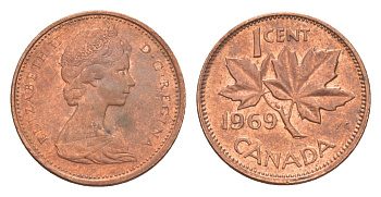 Канада 1 цент 1969 Елизавета II (1952-2022), кленовый лист KM 59 бронза 4639-334