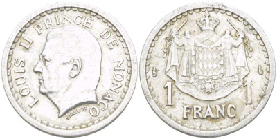 Монако 1 франк 1943 Луи II (1922-1949) KM 120 алюминий 4513-922
