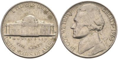 США 5 центов 1964 D, Джефферсон KM А192 медно-никель 92-1132