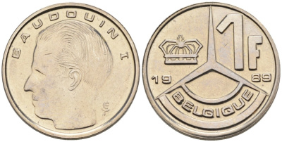 Бельгия 1 франк 1989 Belgique, Бодуэн I (1951-1993) KM 170 железо плакированное никелем UNC 192-468