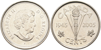 Канада 5 центов 2005 60 лет победы во Второй мировой войне KM 627 никель UNC 4585-1029
