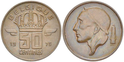 БЕЛЬГИЯ 50 САНТИМОВ 1976 BELGIQUE, БОДУЭН I (1951-1993) KM 148.1 бронза 214-463