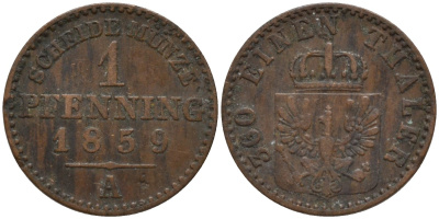 Пруссия 1 пфенниг 1859 A, Фридрих Вильгельм IV (1840-1861) KM 451 медь 4532-344