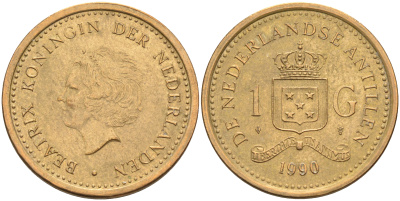 Нидерландские Антилы 1 гульден 1990 Беатрикс (1980-2013) KM 37 позолоченная сталь 4142-117
