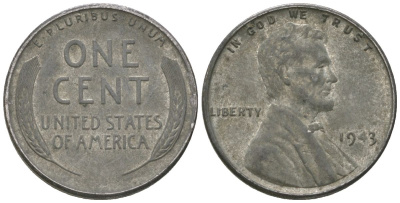 США 1 цент 1943 Авраам Линкольн KM 132 a сталь покрытая цинком 214-418