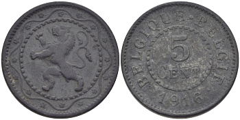 Бельгия 5 сантимов 1916 Belgique-Belgie, германская оккупация, I-ая мировая война KM 80 цинк 100-232