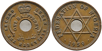 Нигерия 1/2 пенни 1959 Елизавета II (1952-), Британский протекторат KM 1 бронза 4387-133