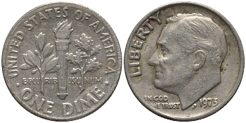 США 10 ЦЕНТОВ = 1 ДАЙМ 1973 РУЗВЕЛЬТ KM 195а медь плакированная медно-никелем 4532-864