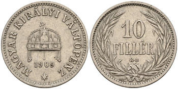 Венгрия 10 филлеров 1909 KB, Франц Иосиф I (1848-1916) KM 482 никель 4151-1115