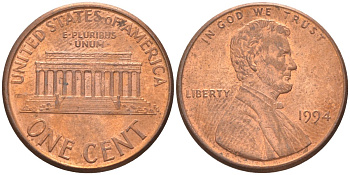 США 1 цент 1994 Линкольн KM 201b цинк плакированный медью 187-342