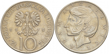 Польша 10 злотых 1975 MW, Адам Мицкевич (1798-1855) KM 74, Parchimowicz 242a медно-никель 4519-1041