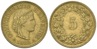 Швейцария 5 раппенов 1983 KM 26c алюминиевая бронза UNC 4115-1241