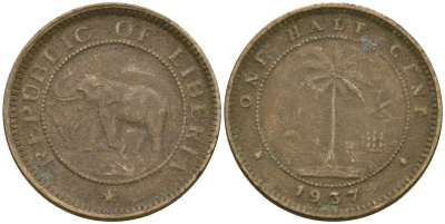 Либерия 1/2 цента 1937 KM 10 латунь 4174-411