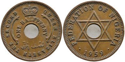 Нигерия 1/2 пенни 1959 Елизавета II (1952-), Британский протекторат KM 1 бронза 4387-133