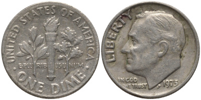 США 10 ЦЕНТОВ = 1 ДАЙМ 1973 РУЗВЕЛЬТ KM 195а медь плакированная медно-никелем 4532-864