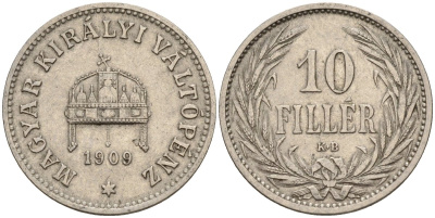 Венгрия 10 филлеров 1909 KB, Франц Иосиф I (1848-1916) KM 482 никель 4151-1115