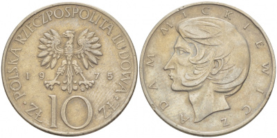 Польша 10 злотых 1975 MW, Адам Мицкевич (1798-1855) KM 74, Parchimowicz 242a медно-никель 4519-1041