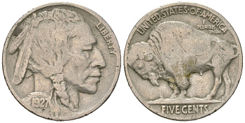 США 5 центов 1927 индеец, бизон KM 134 медно-никель 4614-1124