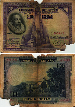 Испания 100 песет 1928 Мигель де Сервантес Сааведра, памятник Сервантесу, картина Дон Кихот Pick 76 а бумага 8609-33-1