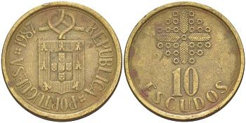 ПОРТУГАЛИЯ 10 ЭСКУДО 1987 KM 633 никель латунь 4519-821