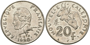 Французская Новая Каледония 20 франков 1990 три быка, (IEOM) KM 12, Schoen 14, Lec 113 никель 4131-113