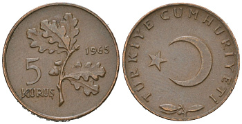 Турция 5 курушей 1965 KM 890.1 бронза aUNC 218-636