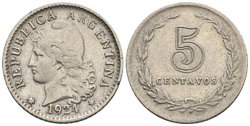 Аргентина 5 сентаво 1924 голова свободы влево KM 34, CJ 155, Schon 37 медно-никель    4609-1127