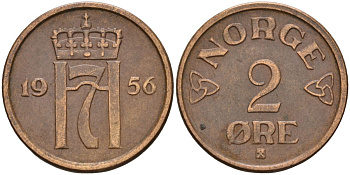 Норвегия 1 эре 1956 Хокон VII (1905-1957) KM 398 бронза 4606-632