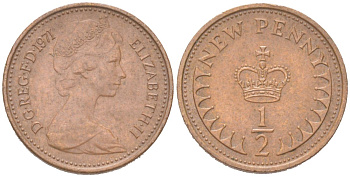 Великобритания 1/2 новый пенни 1971 Елизавета II (1952-2022) KM 914, Spink 4239 бронза 4614-768