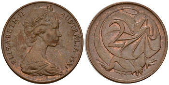 Австралия 2 цента 1981 Елизавета II (1952-2022), молодой портрет, плащеносная ящерица KM 63 бронза 4601-751