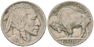 США 5 центов 1927 индеец, бизон KM 134 медно-никель 4614-1124
