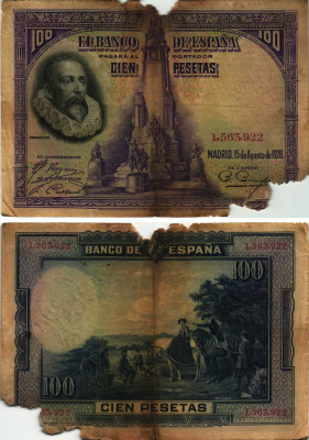 Испания 100 песет 1928 Мигель де Сервантес Сааведра, памятник Сервантесу, картина Дон Кихот Pick 76 а бумага 8609-33-1