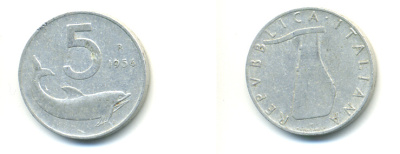 ИТАЛИЯ 5 ЛИР 1954 R, РУЛЬ, ДЕЛЬФИН KM 92 алюминий 80-212