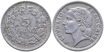 Франция 5 франков 1949 тип Лаврийе KM 888b.1, LE FRANC 339.17 алюминий 73-422