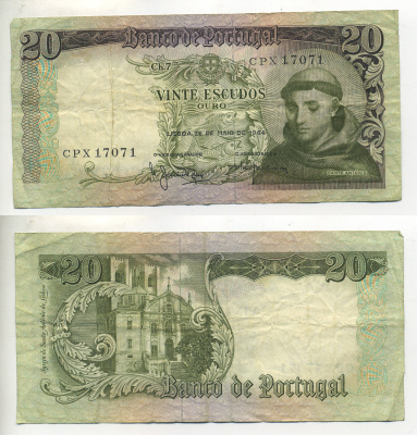 Португалия 20 эскудо 1964 Антоний Падуанский Pick 167 b бумага 7552-33-2