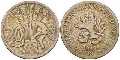 Чехословакия 20 геллеров 1929 KM 1 медно-никель 4152-822
