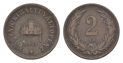 Венгрия 2 филлера 1895 KB, Франц Иосиф (1848-1916) KM 481 бронза 4658-323