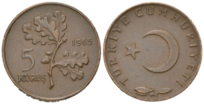 Турция 5 курушей 1965 KM 890.1 бронза aUNC 218-636