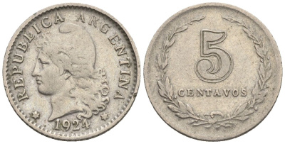 Аргентина 5 сентаво 1924 голова свободы влево KM 34, CJ 155, Schon 37 медно-никель    4609-1127