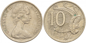 Австралия 10 центов 1967 Елизавета II (1952-), птица лирахвост KM 65 медно-никель aUNC 4539-1056