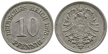 ГЕРМАНИЯ 10 ПФЕННИГОВ 1875 J, СТАРОГЕРБОВКА KM 4, J. 4 медно-никель 4364-253