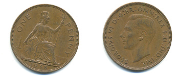 Великобритания 1 пенни 1938 Георг VI (1936-1952) KM 845, Spink 4114 бронза 89-131