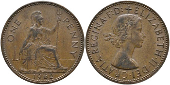 Великобритания 1 пенни 1962 Елизавета II (1952-2022) КМ 897, Spink 4157 бронза 115-441
